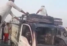 दिल्ली-मुंबई एक्सप्रेस-वे पर चलते टाटा ऐस में लगी आग, ग्रामीणों ने बामुश्किल पाया काबू